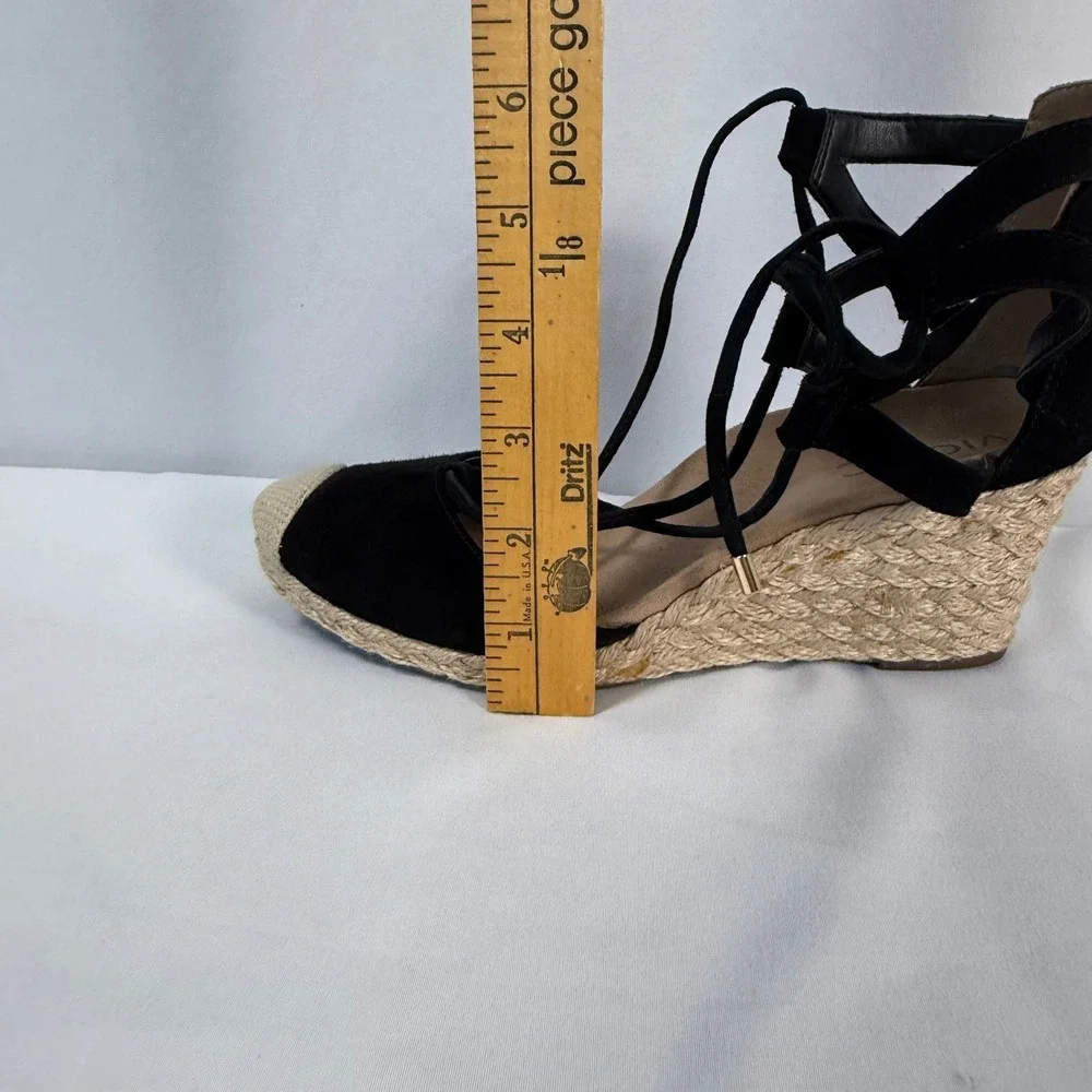 Vionic Calypso Black Suede Espadrille Wedge‎ Sandals Lace Up Cap Toe Women's 7.5